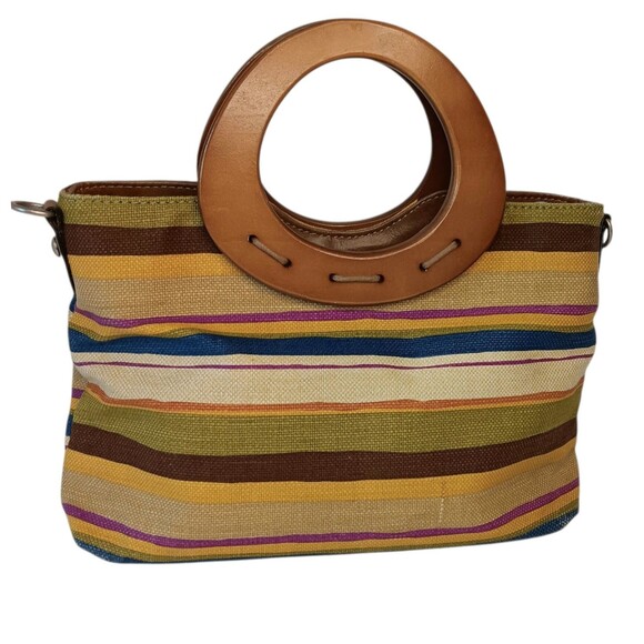 Striped Canvas Clutch Purse Wooden Handles Tan Blue Brown Summer Relic Brand - Picture 3 of 14